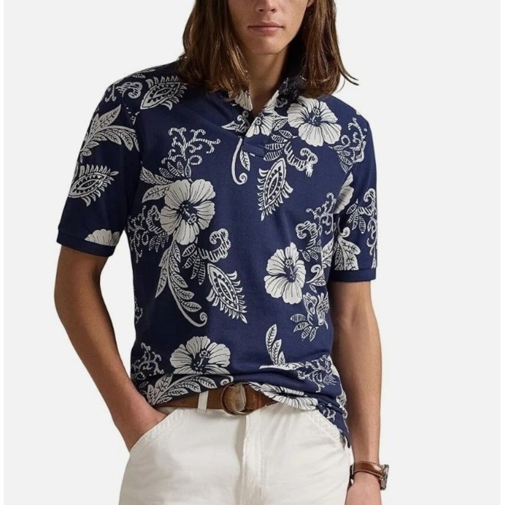 Polo Ralph Lauren Mens XLT Navy Blue Classic Fit Hibiscus Mesh Short Sleeve Polo